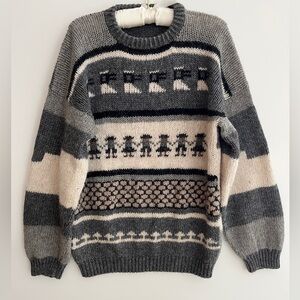 HAND MADE Pullover Crew Neck Sweater Balloon Sleeve Traditional Pattern Fuzzy